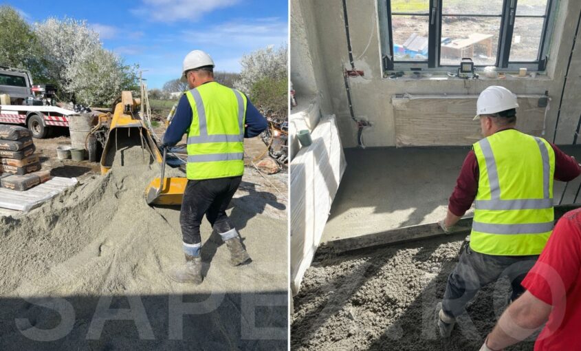 Șapă mecanizată semiumedă în timpul execuției pentru nivelarea pardoselii în București